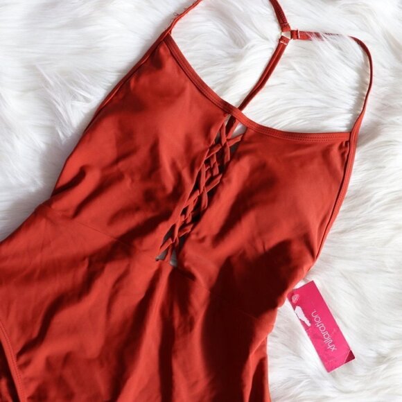 NEW Red Orange Criss Cross Strappy One Piece Bathing Suit Size Small - Picture 4 of 8